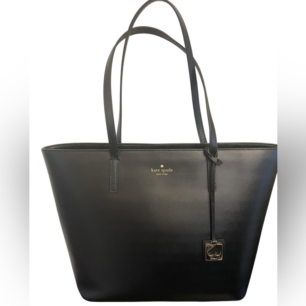 KATE SPADE Black Leather Medium Tote w Spade Bag Charm - Picture 2 of 15